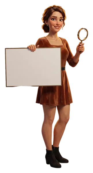 A woman holding a board and a magnifying glass: Opened to the public June 10, 2004
