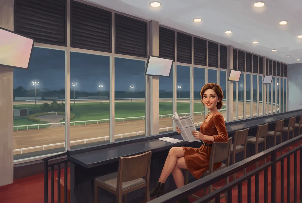 Painted lounge window over the floodlit Flamboro Downs track