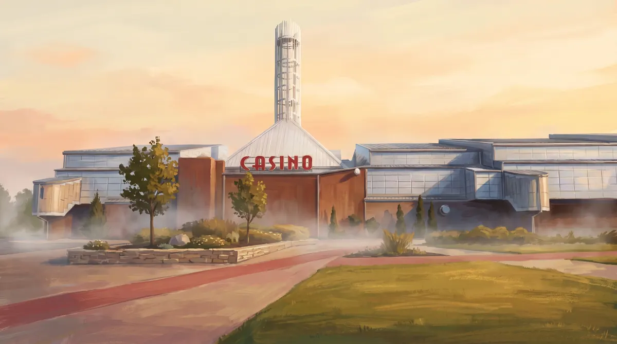 Painted Elements Casino Brantford and its tower at dawn
